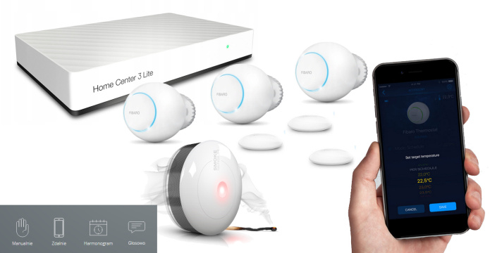 Zestaw Fibaro inteligentne sterowanie ogrzewaniem z dodatkowym czujnikiem dymu.